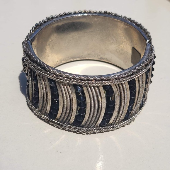 Jewelry - Vintage Silver Tone Metal Beaded Hinged Cuff Bracelet Black Statement
